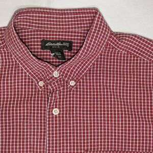 Eddie Bauer Red Plaid Button Down Short Sleeve Seersucker Shirt Cotton Mens XL